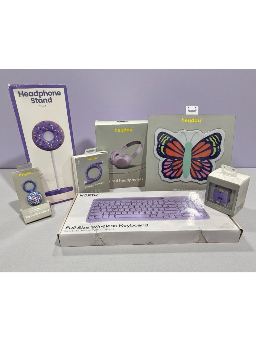 Lavender Desk Bundle: Wireless Keyboard, Headphones, Mouse Pad, Keychain, Chargi
